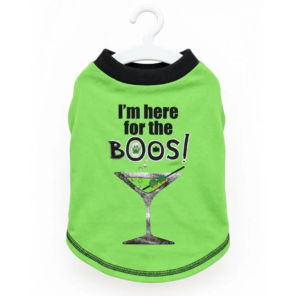 “I’m Here for the BOOS!” Halloween Dog Shirt – Green Pet Costume Tee, Size Small